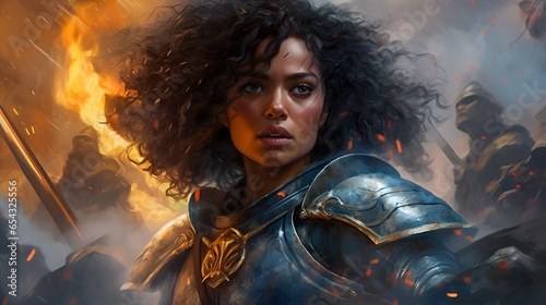 Portrait of a young curly haired warrior woman in a medieval/fantasy setting and armor during battle.