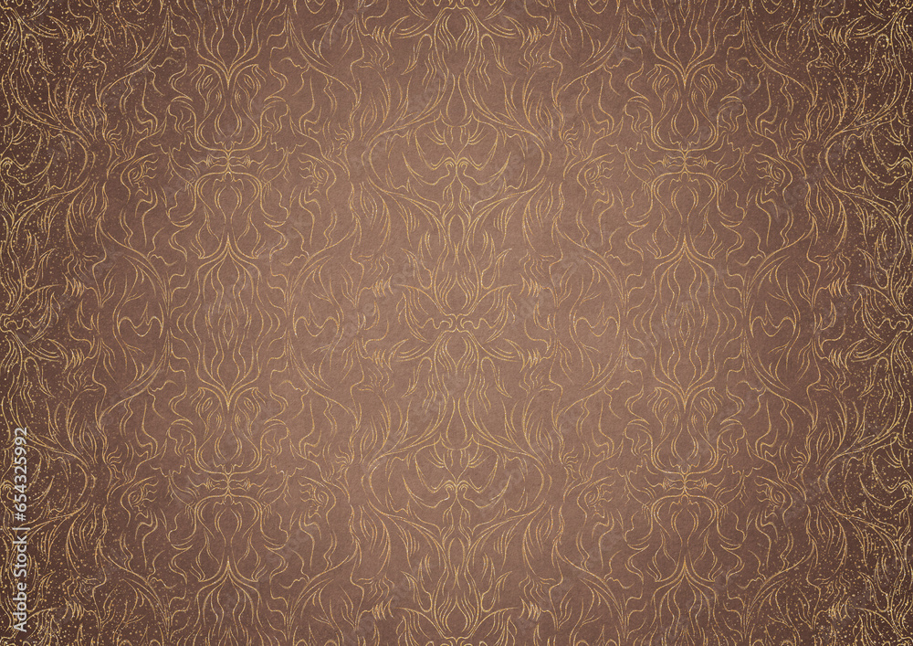 Hand-drawn unique abstract gold ornament on a light brown background, with vignette of darker background color and splatters of golden glitter. Paper texture. Digital artwork, A4. (pattern: p11-1b)