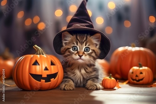 A festive kitten at a Halloween party surrounded by pumpkin lanterns. © CreativeArt