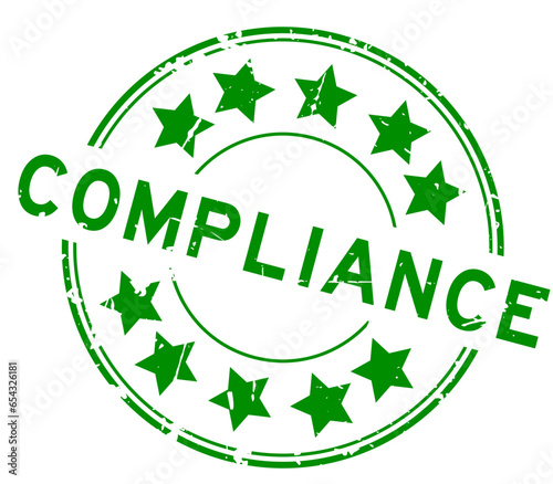 Grunge green compliance word with star icon round rubber seal stamp on white background