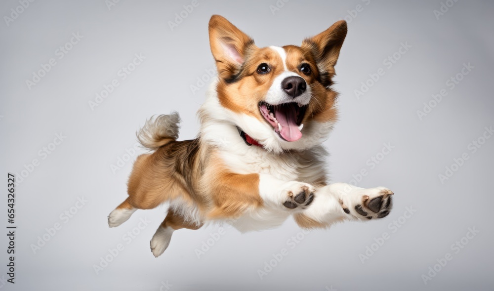 Crazy and happy dog corgi jumps and flies to the camera. 