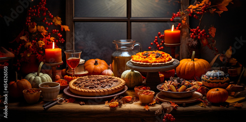 Halloween pumpkin pie. The Thanksgiving dinner table. A traditional Thanksgiving or Friendship Day party. Decoration and serving of the festive table with autumn decor, candles and flowers dishes and  (ID: 654326503)