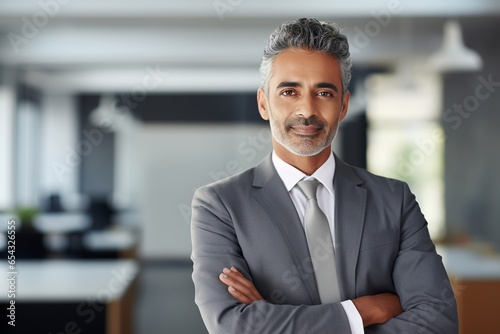 Successful mature Indian businessman posing with crossed arms smiling at the camera in office © NEM