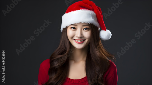 Young asian woman with Christmas hat standing over grey background
