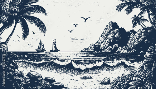 VIntage retro engraving style sea nautical marine navy vacation landscape. Adventure vacation cruise vibe. Background outdoor adventure vibe. Graphic Art Vector
