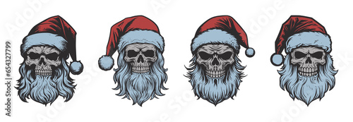 Set of vintage retro tattoo bad scary horror spooky skull skeleton santa claus in hat. Merry christmas xmas new year holiday halloween poster. Graphic Art. Engraving vector style illustration