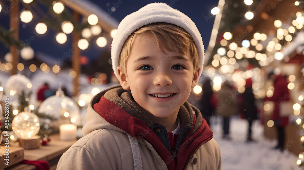Portrait of cute little boy on Christmas market in evening, outdoors Portrait of cute little boy on Christmas market in evening, outdoors