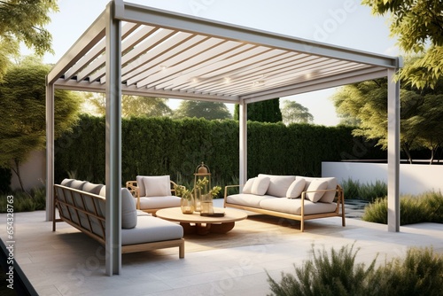 3D-rendered outdoor terrace featuring a modern pergola. Generative AI photo