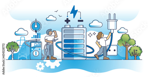Energy storage solutions as battery charging technologies outline concept. Electricity accumulation with fast and effective power supply vector illustration. Container with green lithium current.