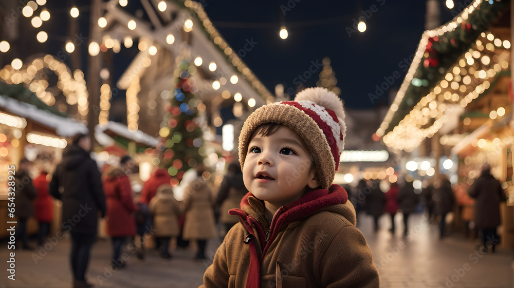 Portrait of cute little boy on Christmas market at night time.