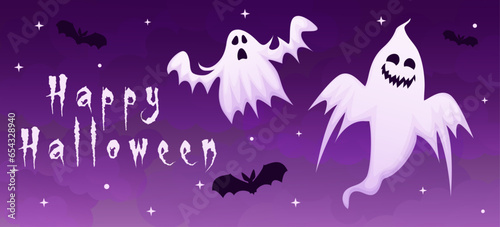 Halloween banner , background with scary ghosts and bat