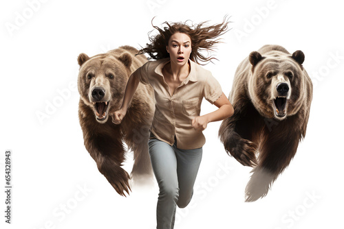 woman running from bear isolated on white photo