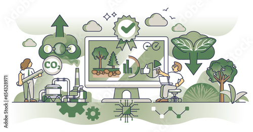 Carbon accounting software for automatic CO2 impact data outline concept. Footprint calculation with statistics, pollution information and emissions amount from business activity vector illustration.