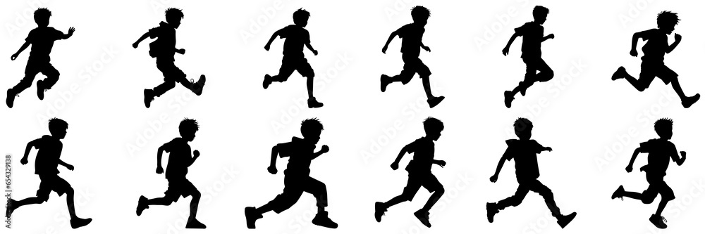 Running kid child silhouettes set, large pack of vector silhouette design, isolated white background