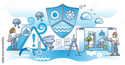Climate risk management and warning calculations for society safety outline concept. Scientific future forecasting with weather disasters, water level rising and destructive heat vector illustration.