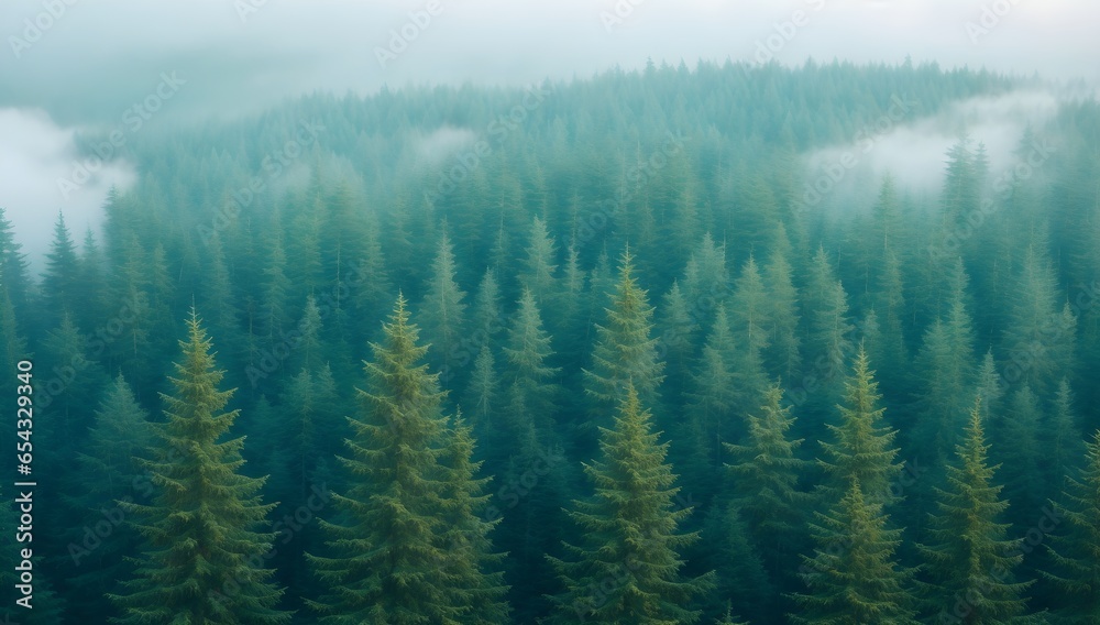 Misty morning in the mountains. Tall spruce trees in the mountains. Mountain spruces covered with fog.
