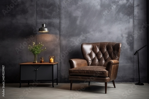Style loft interior with leather armchair on dark cement wall