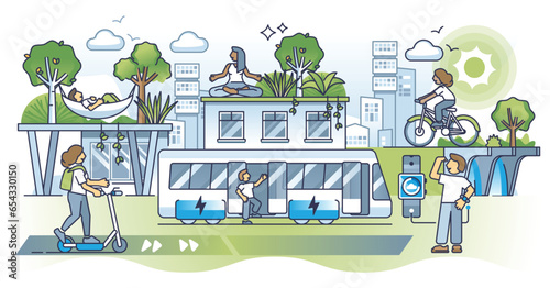 Carbon neutral solutions and net zero CO2 urban environment outline concept. City with green lifestyle and sustainable infrastructure for electric vehicles and public transport vector illustration.