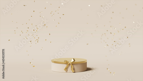 3D podium display. Beige background with gift box showcase for beauty product presentation or text. Gold confetti falling. Pedestal in studio. 3D render Christmas or birthday mockup.