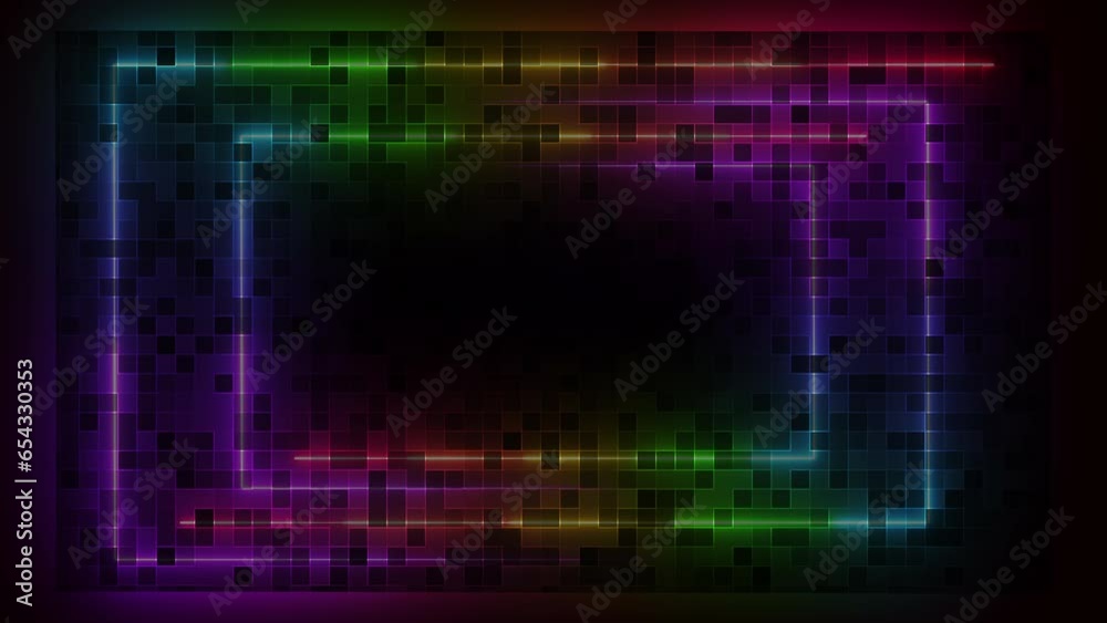 Colorful neon glowing lines on dark background with grid pattern. Seamless loop Colorful neon glowing lines on dark background with grid pattern. Seamless loop