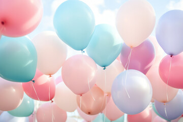 Generative AI picture Happy birthday cake candles balloons confetti abstract background