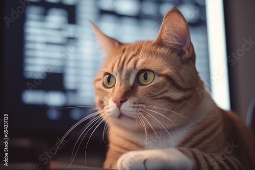 startled cat in front of smart financial setting. Generative AI © Madoc