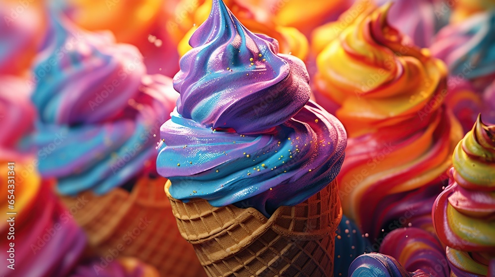 Ice cream in waffle cones with pink, blue and yellow flavors