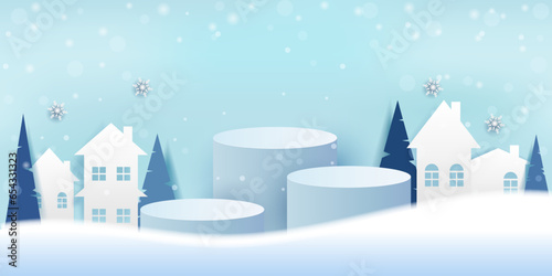 podium to showcase products. empty podium with minimalist design and winter background