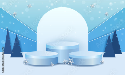 podium to showcase products. empty podium with minimalist design and winter background