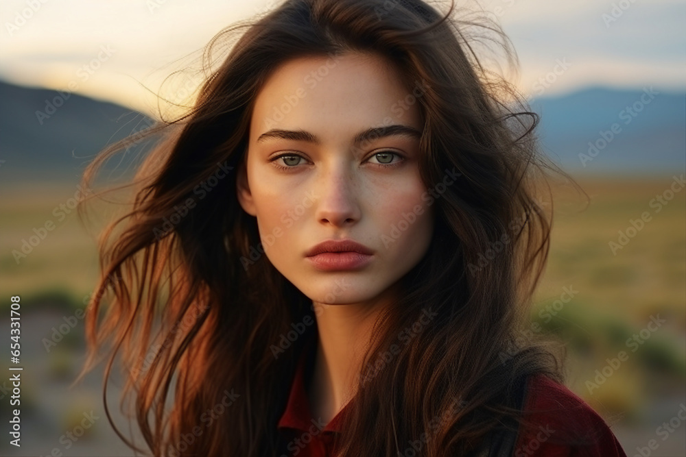 Generative AI portrait of a beautiful stunning young girl walking in a sunny evening countryside backdrop Generative AI portrait of a beautiful stunning young girl walking in a sunny evening countryside backdrop