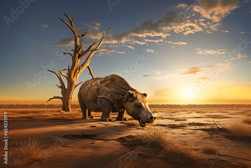 Diprotodon stood on an Australian Plain at sunset photo