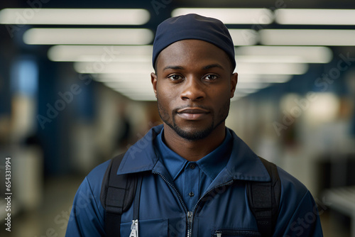 Generative AI picture of black man postman in uniform delivering parcel mail post to customer