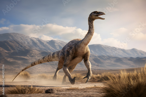 Gallimimus dinosaur running on prehistoric plains