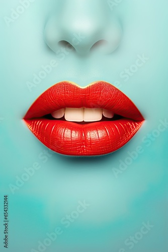Woman's lips in red lipstic. Artistic, abstract beauty and fashion poster design. Generative Ai photo