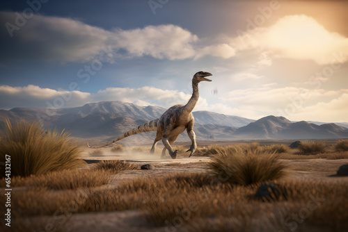 Obraz na plátne Gallimimus dinosaur running on prehistoric plains