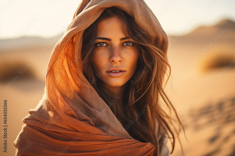 Beautiful arabic woman wearing veil in sandy desert Generative Ai illustration Beautiful arabic woman wearing veil in sandy desert Generative Ai illustration