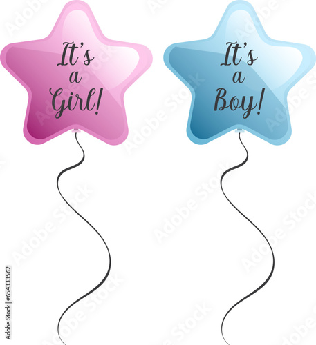 Star shaped pink and blue balloons with girl or boy text for gender reveal party isolated
