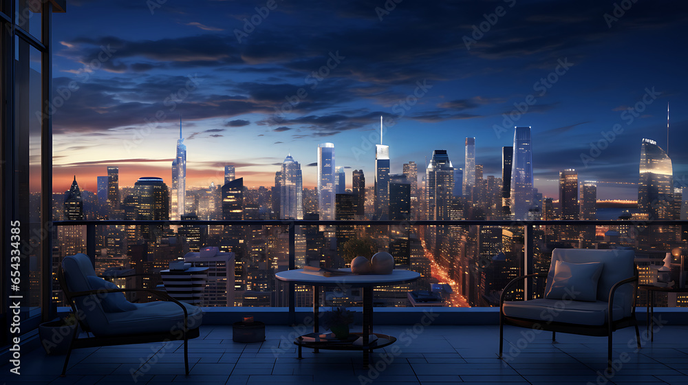 A penthouse view of a sprawling cityscape at dusk, with twinkling lights and skyscrapers, representing urban success - obrazy, fototapety, plakaty 