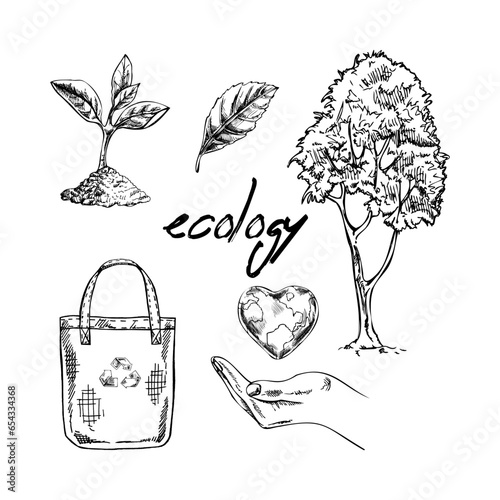 Hand-drawn sketch collection of eco bag, sprout, heart-shaped planet earth in empty open hand, tree. Vector illustration. Doodle gardening element. Ecology.