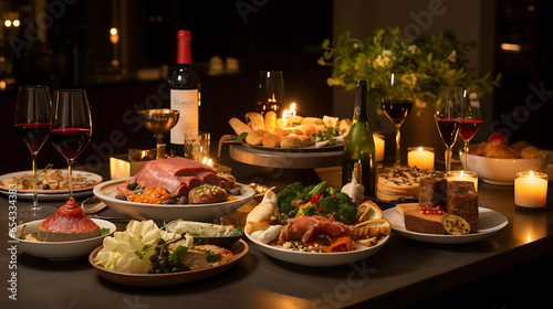 A gourmet feast spread on a long dining table  with world-class delicacies and fine wine  epitomizing culinary opulence