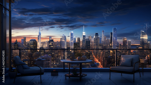 A penthouse view of a sprawling cityscape at dusk, with twinkling lights and skyscrapers, representing urban success