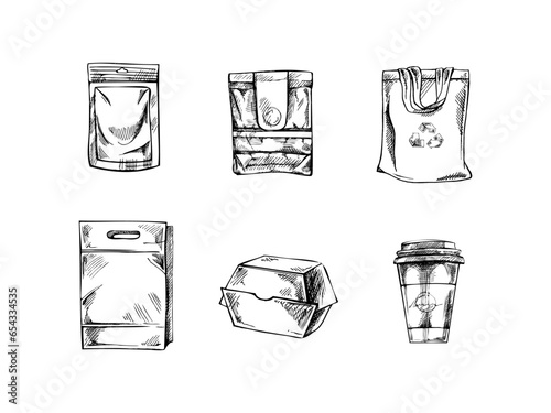 Hand-drawn sketch collection of paper lunch food craft box packages, paper zip package, takeaway cup, eco bag. Realistic isolated pack for take away breakfast or snack illustration.  Eco concept.