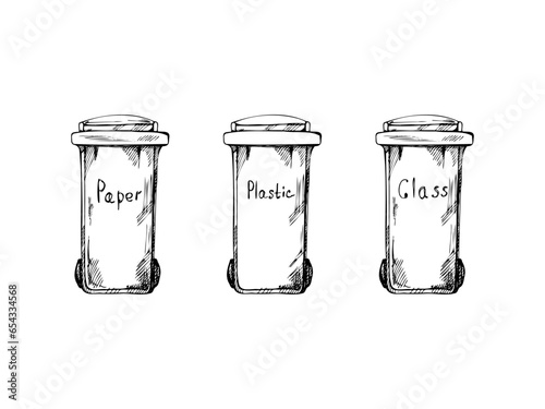 Set of hand-drawn black-and-white sketches of trash container for plastic, paper, glass. Segregate waste, sorting garbage, waste management. Retro vector outline illustration. Doodle.