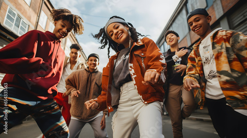 A group of teenagers dancing hip-hop. A graffiti back wall