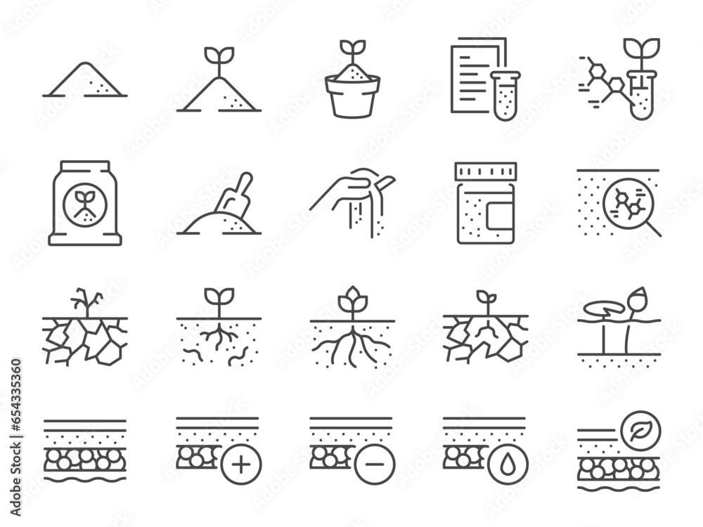 Soil icon set. It included dirt, land, soil, ground, clay, and more icons. Editable Vector Stroke.