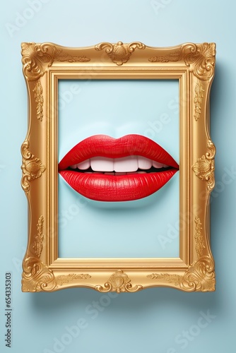 Female lips in golden picture frame. Abstract Wall art design. Generative Ai image photo