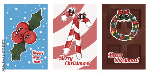 A set of New Year (Christmas) cards with cartoon characters. New Year, Christmas wreath, candy canes, mistletoe berries, mistletoe