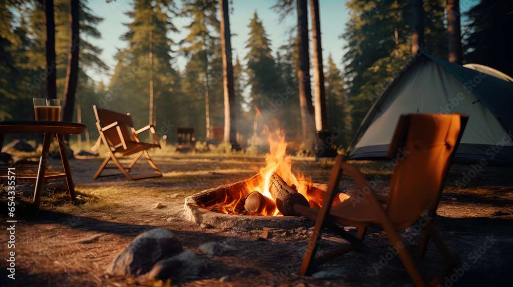 Rustic Camping Delight: Bonfire, Chairs, and Tent in the Woods