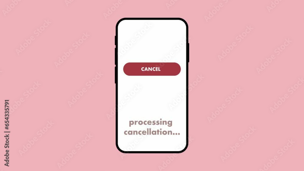 Animation of cancel button appearing on a mobile phone. „Cancellation successful“ showing up after loading screen.