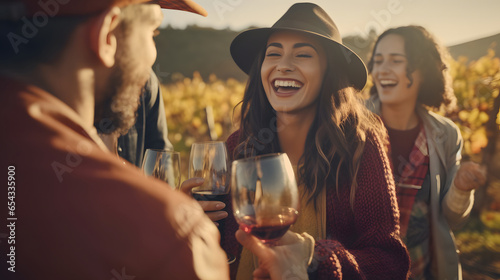 Friends toasting wine in a vineyard at daytime outdoors. Happy friends having fun outdoor. Young people enjoying harvest time together outside at farm house vineyard countryside. Autumn season